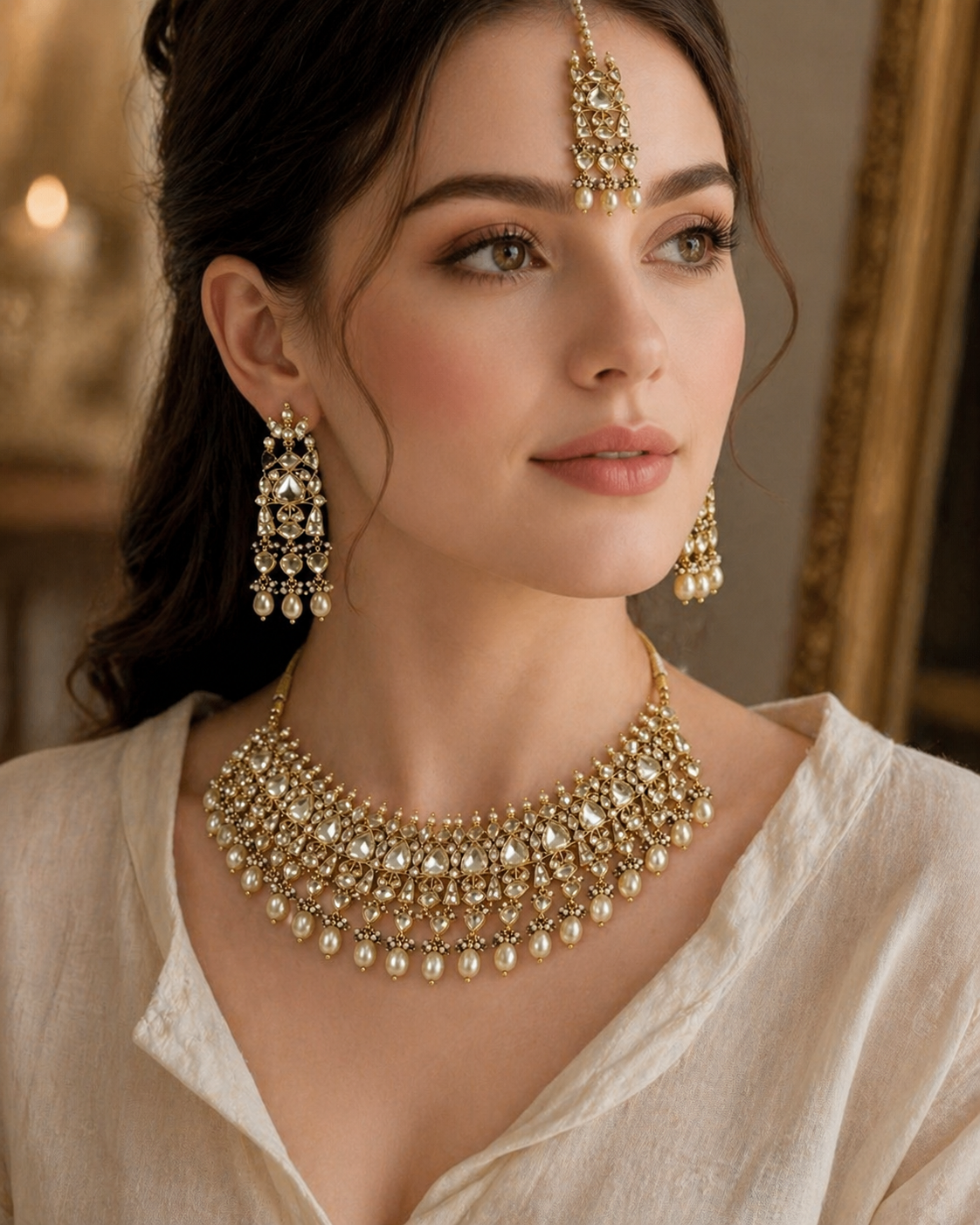 Handmade Kundan Choker Set, White Pearl Bridal Jewelry