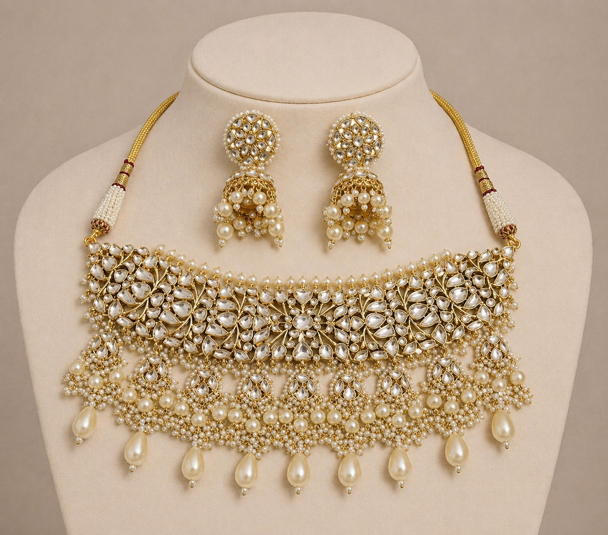 Handmade Kundan Choker Necklace Set, Gold Plated Indian Bridal Jewelry