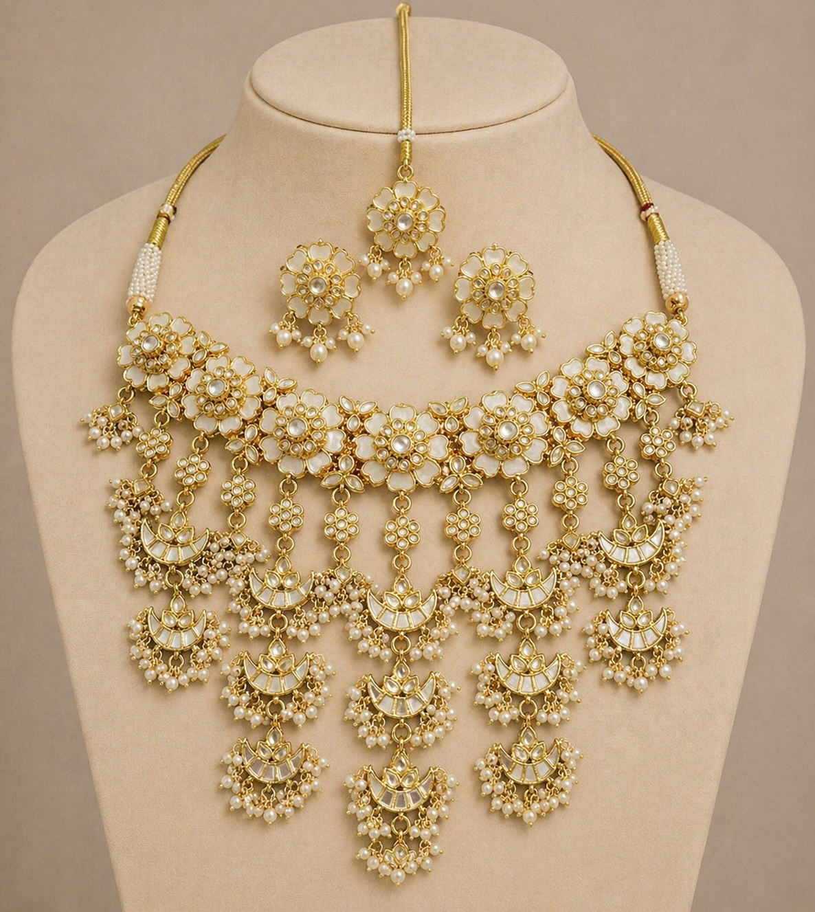 Handmade Kundan Choker Necklace Earrings Set, Gold Plated Mother of Pearl Indian Bridal Jewelry