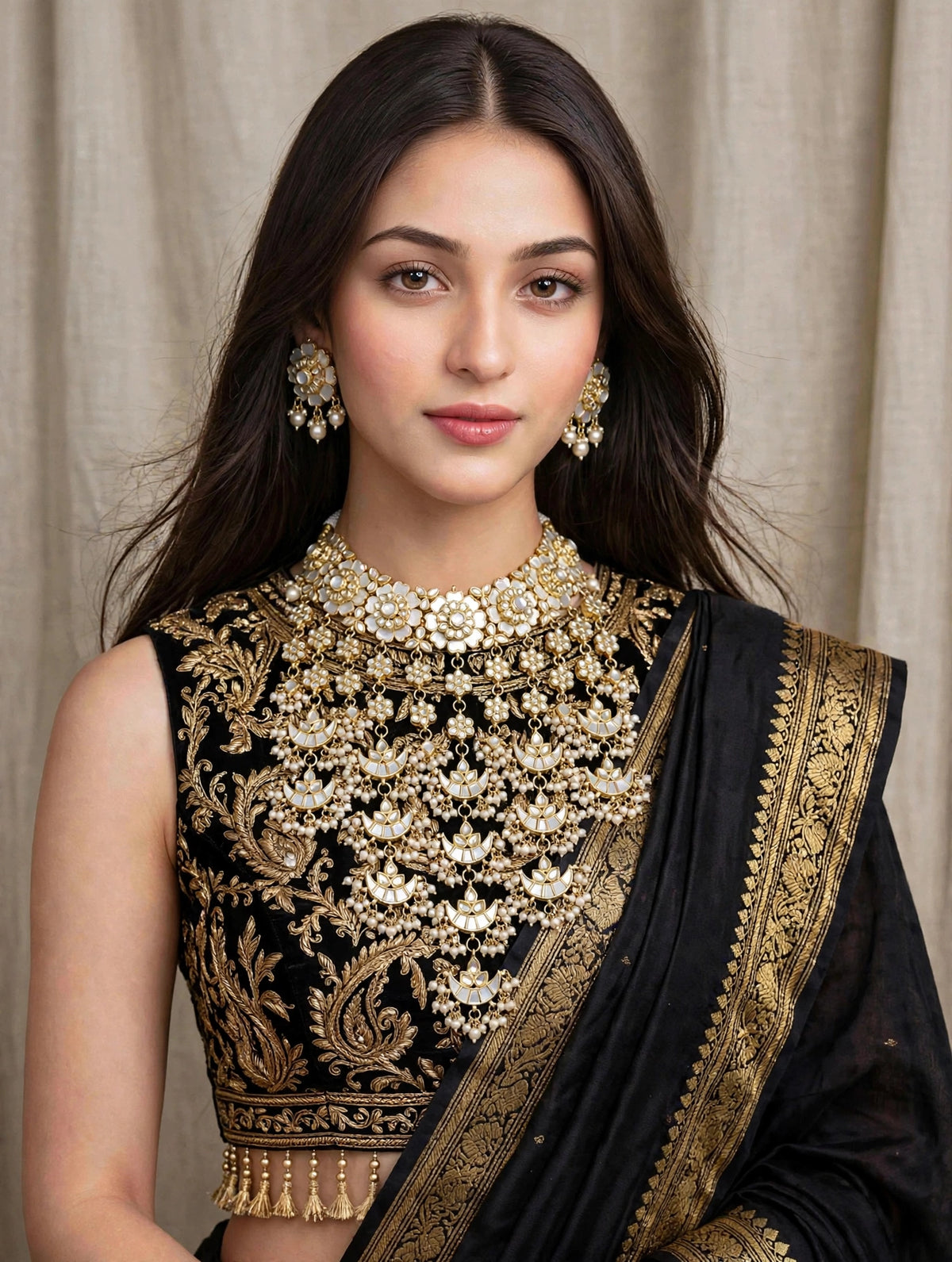 Handmade Kundan Choker Necklace Earrings Set, Gold Plated Mother of Pearl Indian Bridal Jewelry