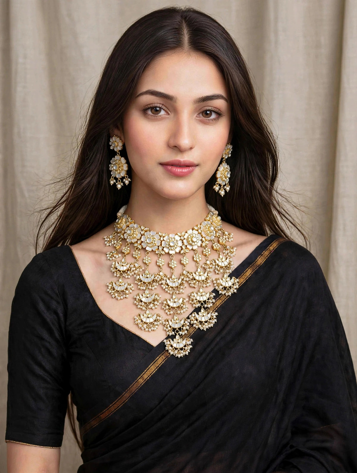 Handmade Kundan Choker Necklace Earrings Set, Gold Plated Mother of Pearl Indian Bridal Jewelry