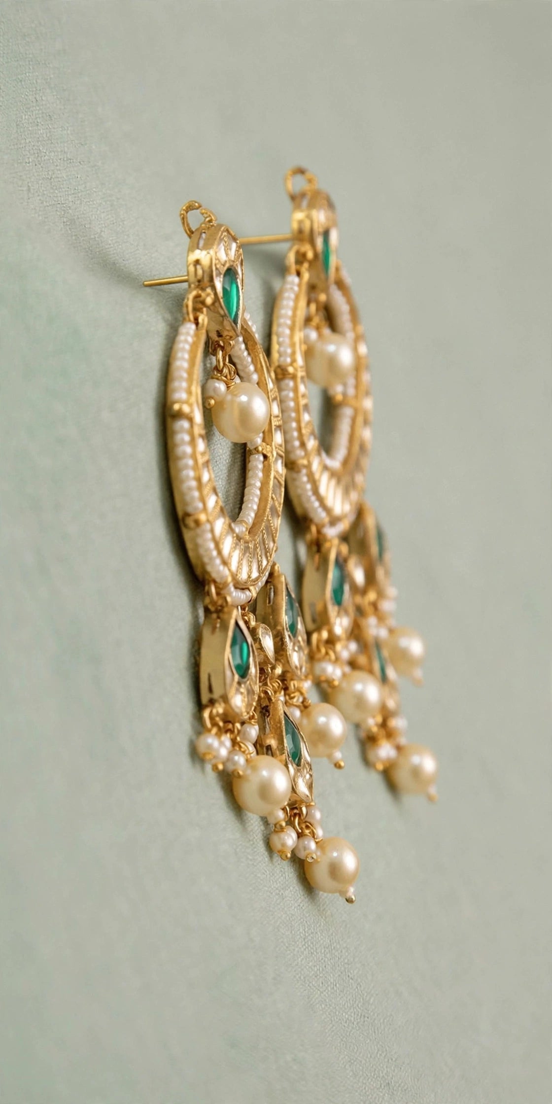 Kundan Chandbali Earrings, 22k Gold Plated, Green & White, Indian Bridal Jewelry