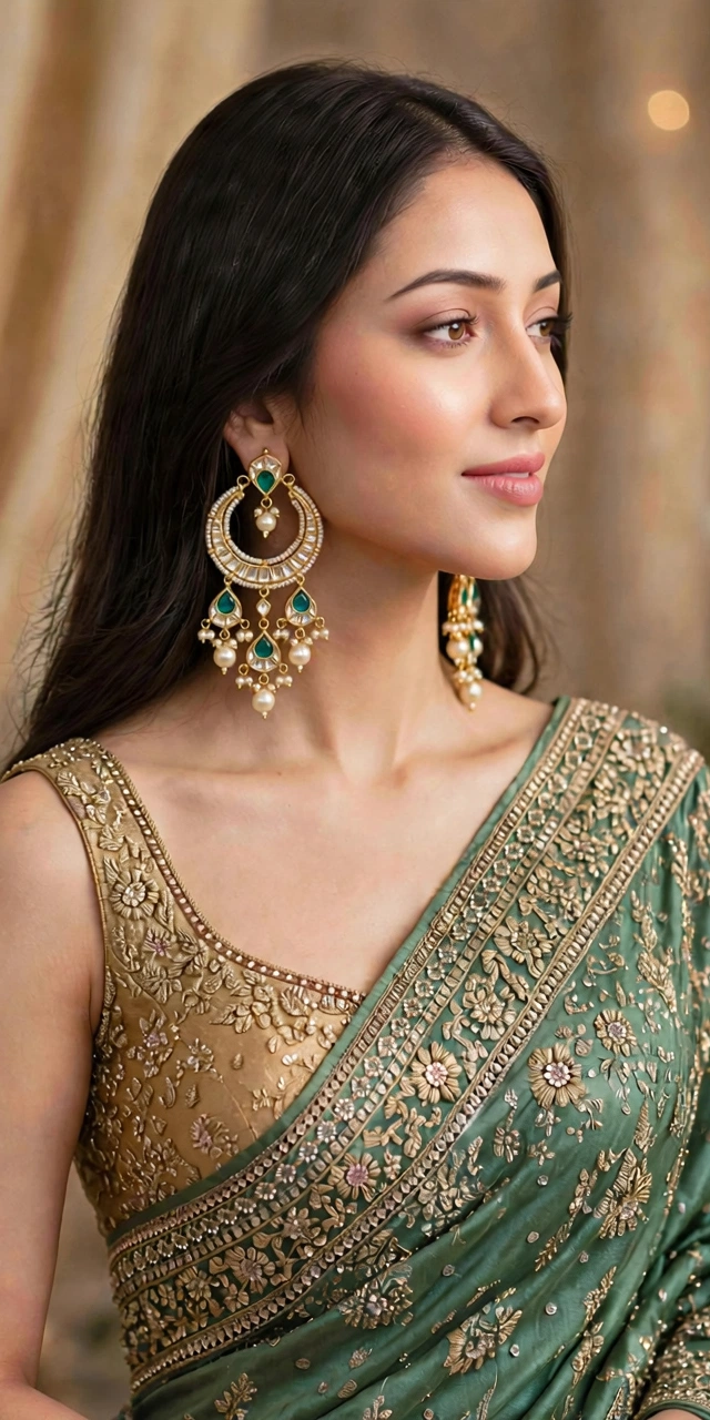 Kundan Chandbali Earrings, 22k Gold Plated, Green & White, Indian Bridal Jewelry