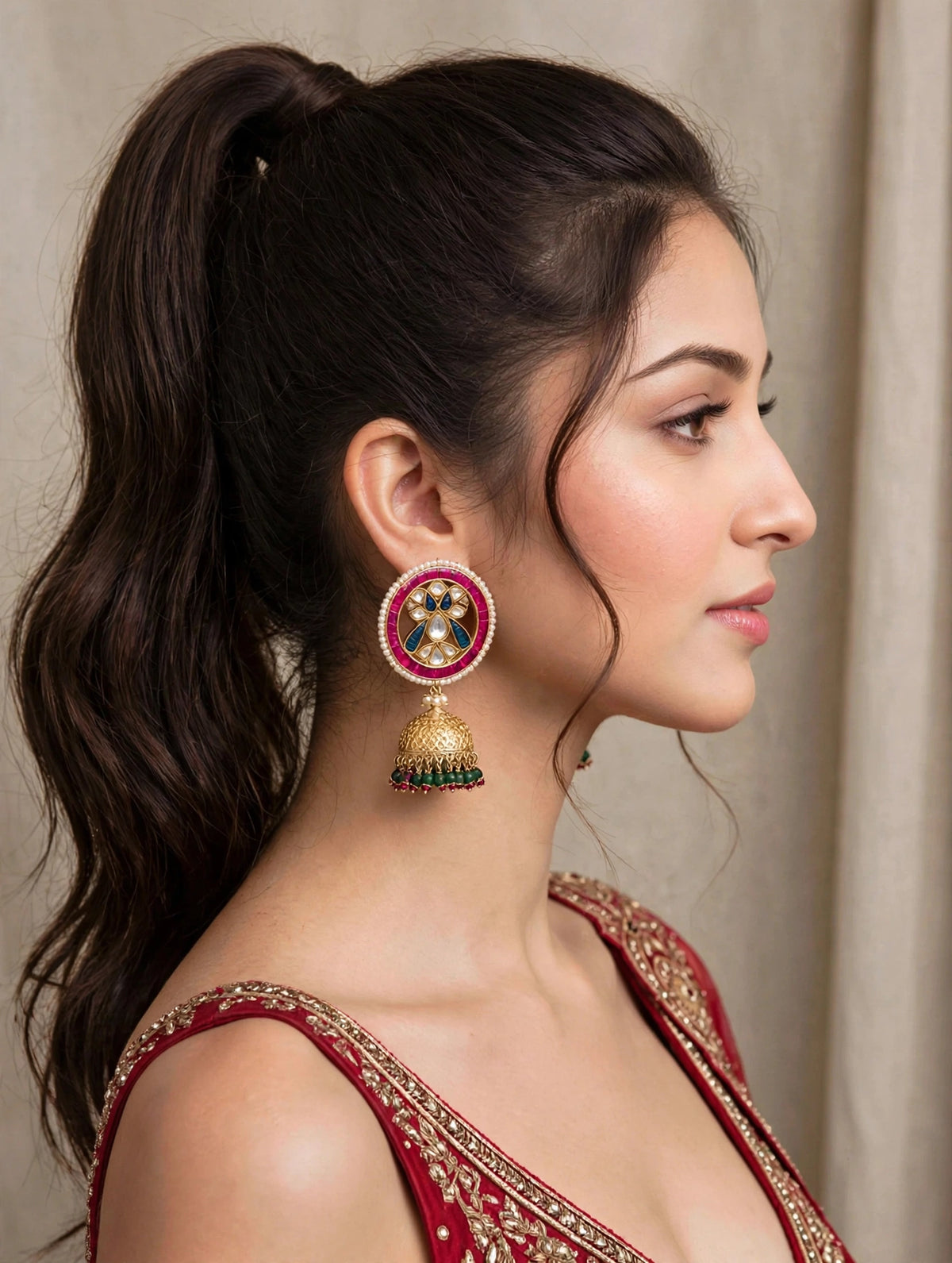 Handmade Kundan Jumkhi Earrings, Indian Peacock Jewelry, Gold Finish Earring