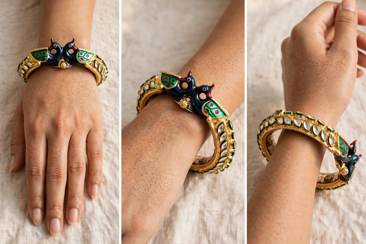 Kundan Peacock Bangles: Gold Plated, Enamel Indian Wedding Bracelets