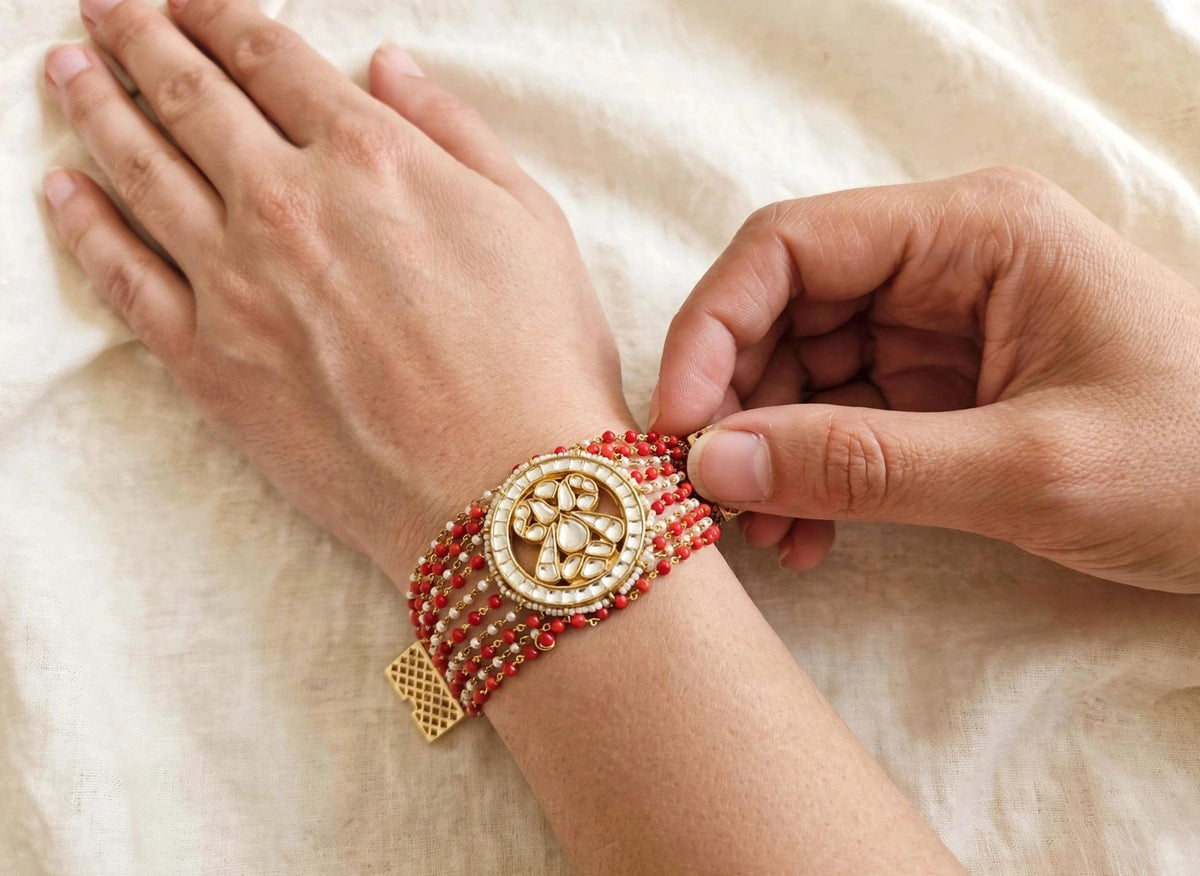 Kundan Bracelet, Indian Bridal Jewelry, Handmade Coral Flexible Bracelet