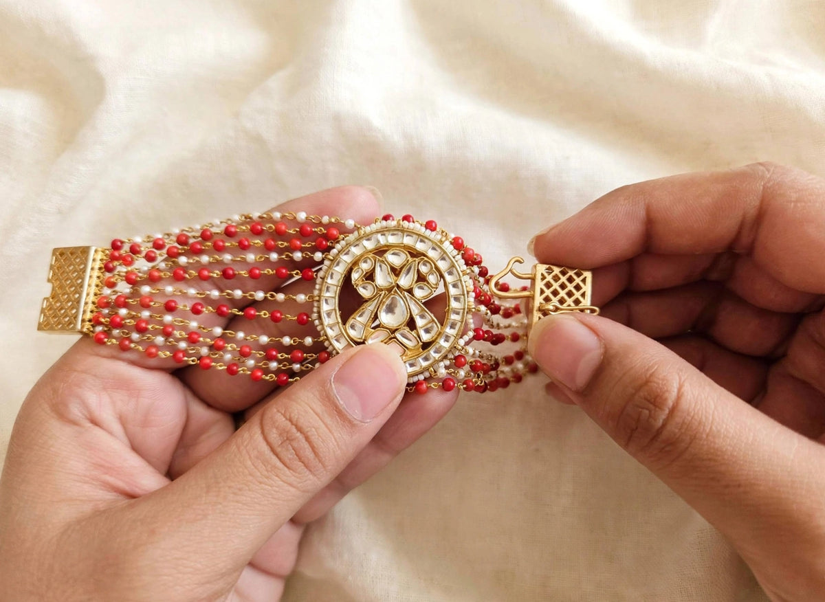 Kundan Bracelet, Indian Bridal Jewelry, Handmade Coral Flexible Bracelet
