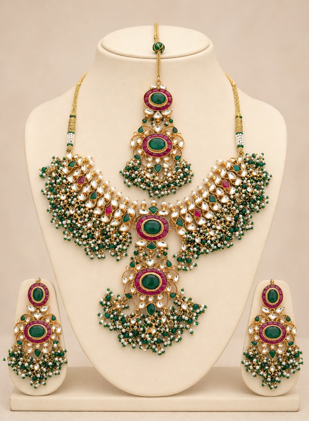 Kundan Choker Necklace Set with Earrings & Maang Tikka | Green Stone Indian Wedding Jewelry