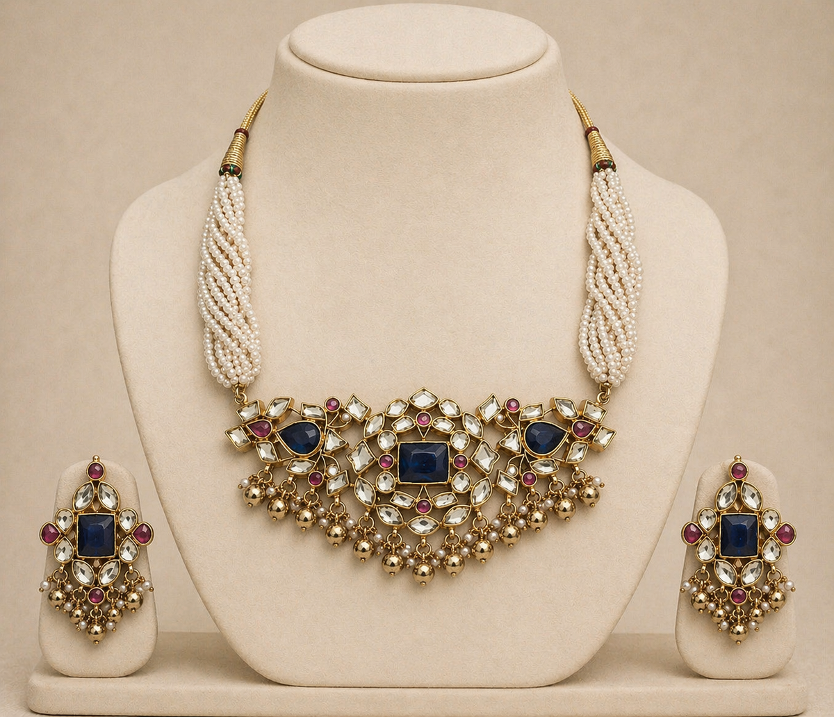 Gold Plated Kundan Choker Necklace with earrings , Indian Bridal Jewelry Set