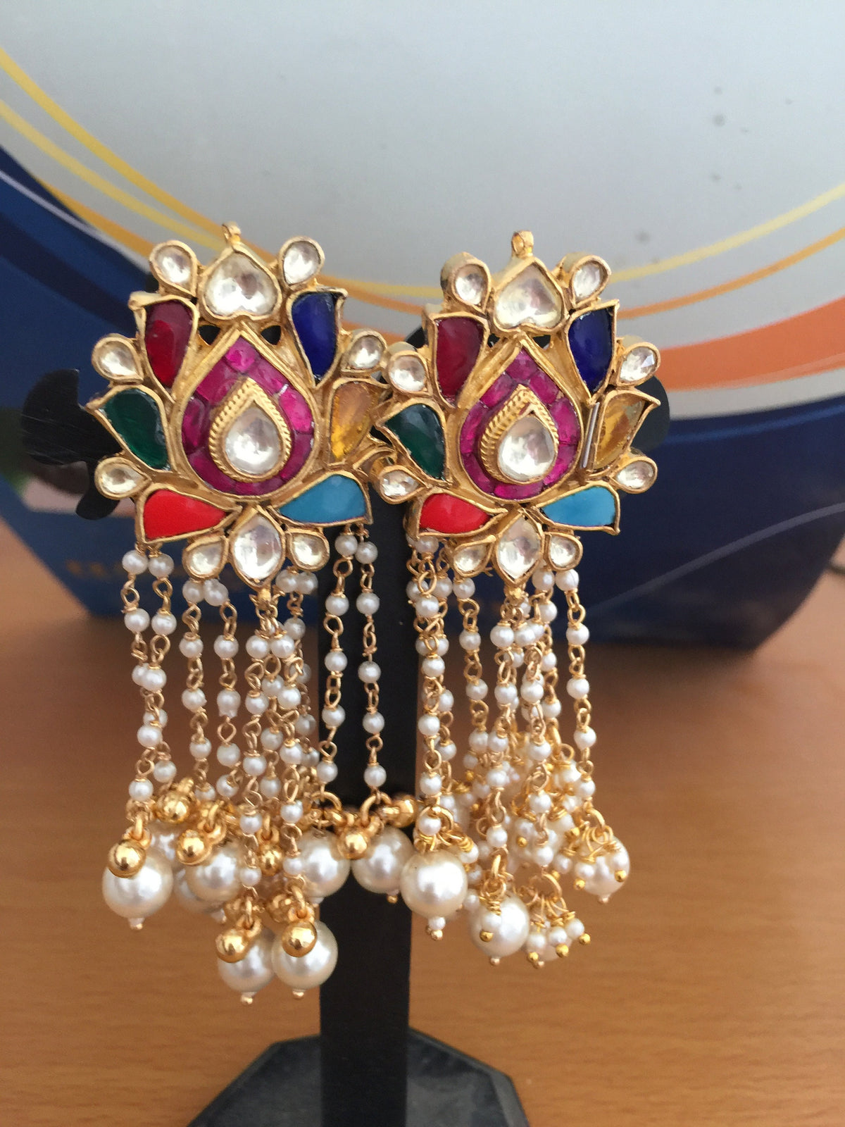 Gold Plated Kundan Earrings | Navratna Pearl Drop Chand Bali | Indian Handmade Jewelry