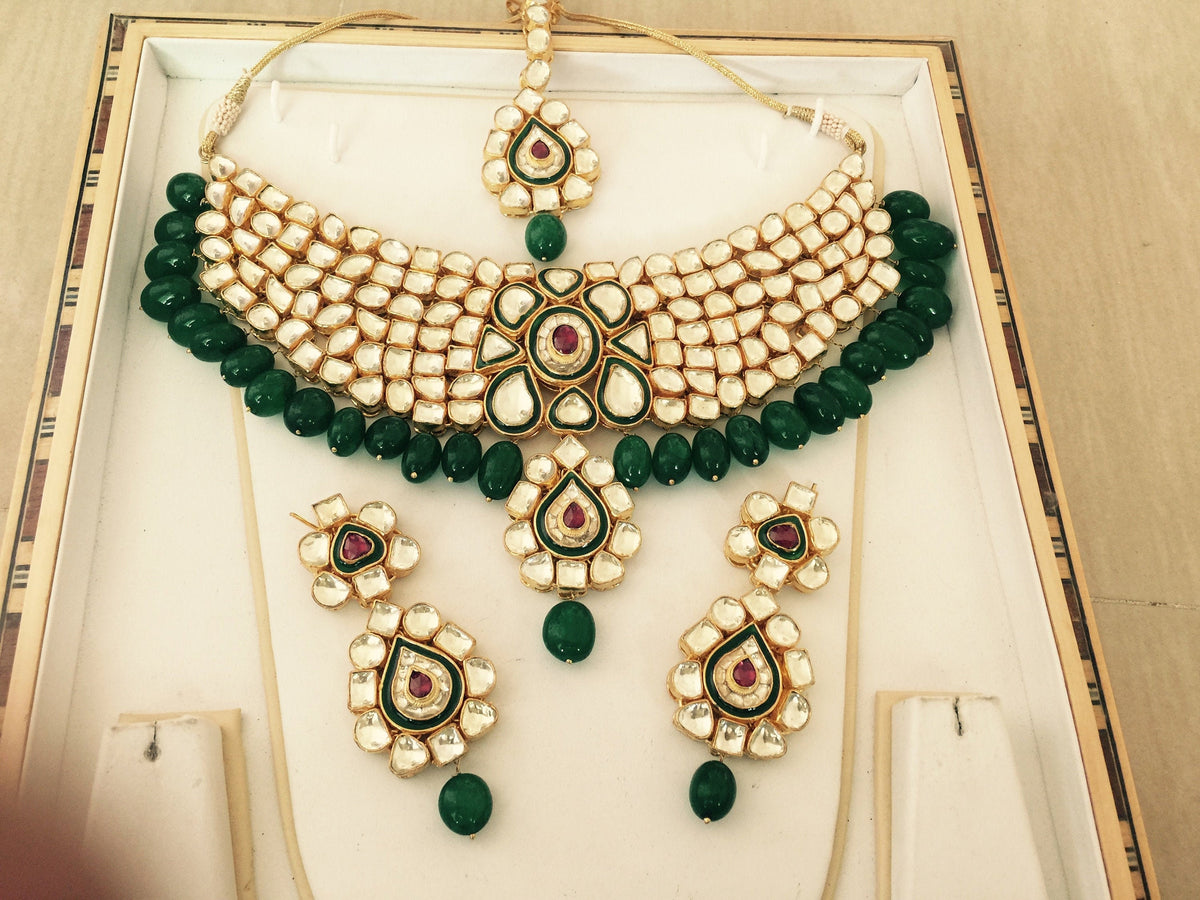Kundan Choker Necklace Set | Green Beads, Rhodolite Stone, Indian Bridal Jewelry