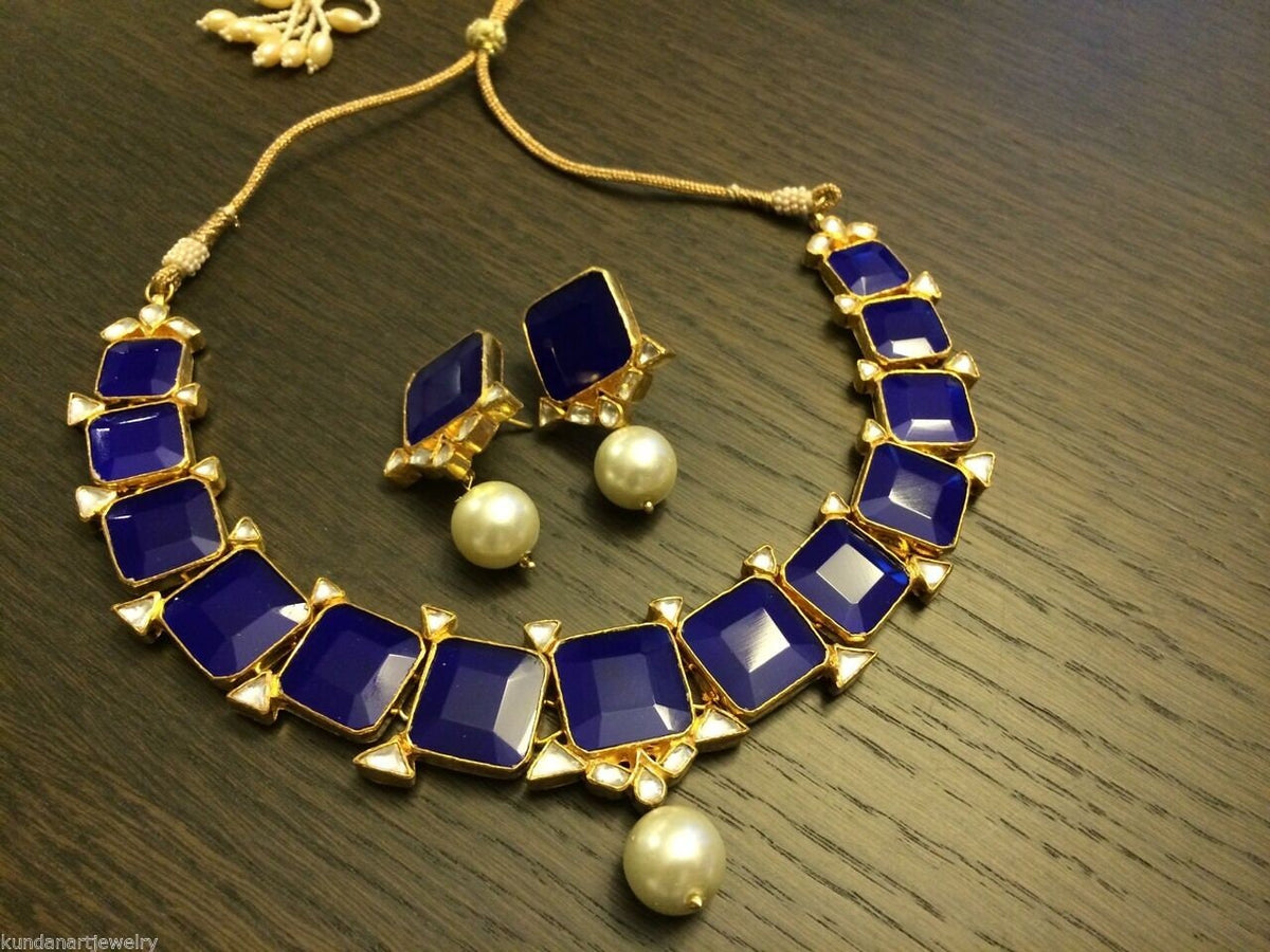 Gold Finish Kundan Jewelry Set Blue Color Choker Necklace Statement Jewellery Piece for Women