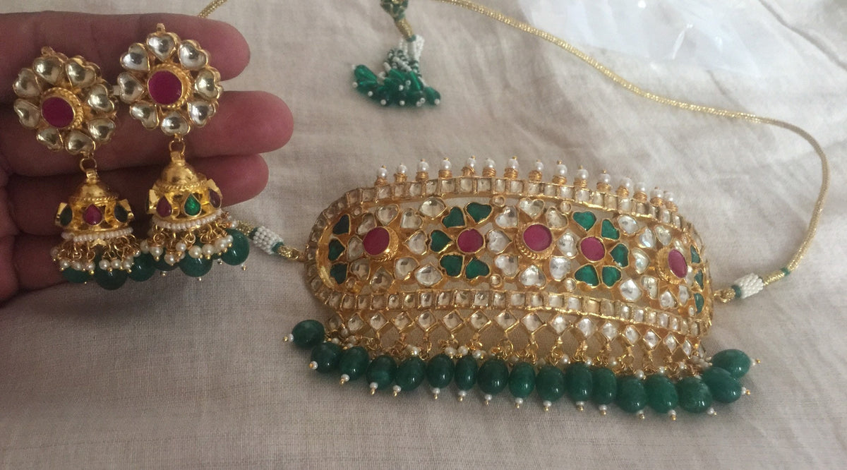 Indian Traditional Kundan Choker Set, 22K Gold Plated Indian Bridal Collar Necklace