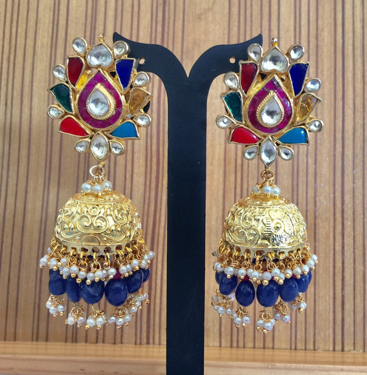 Kundan Earrings | Navratna, Antique Gold Finish Jumkhi | Multicoloured Kundan Jewelry