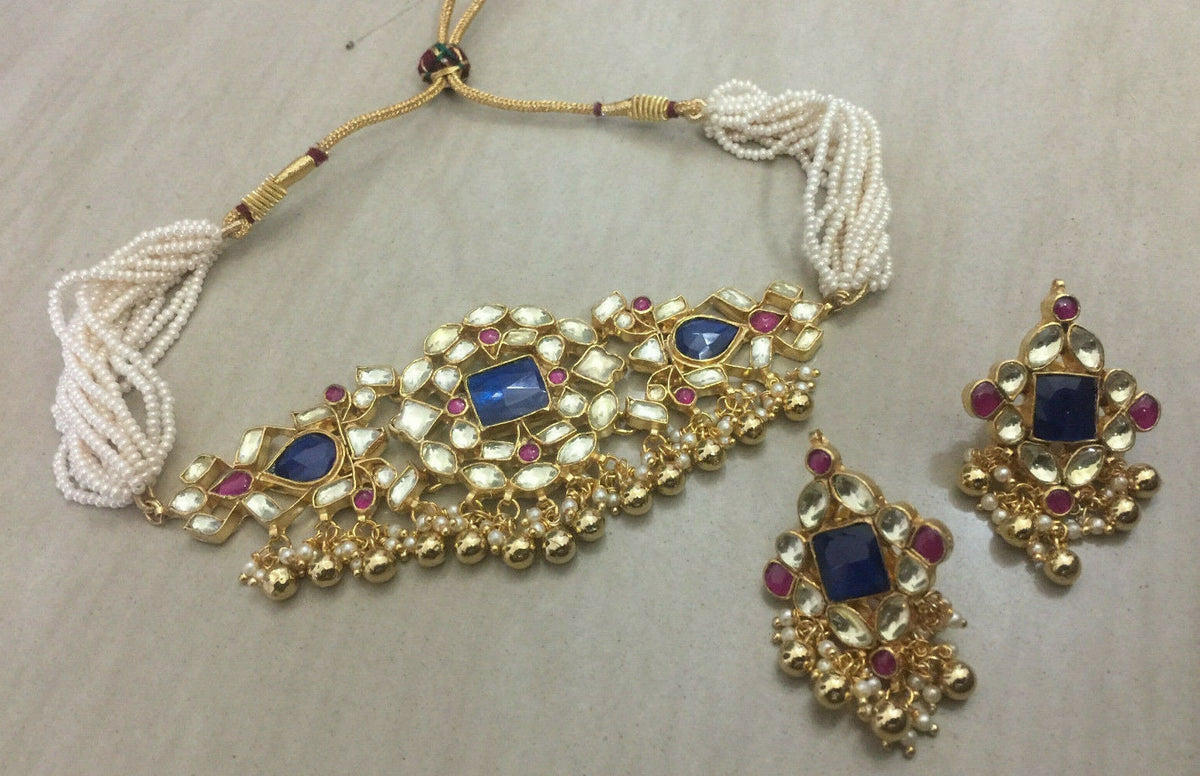 Gold Plated Kundan Choker Necklace with earrings , Indian Bridal Jewelry Set