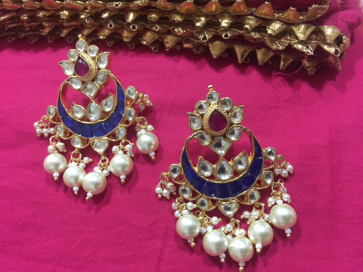 Handcrafted Kundan Chandbali Earrings, South Indian Style, Pearl Hangings