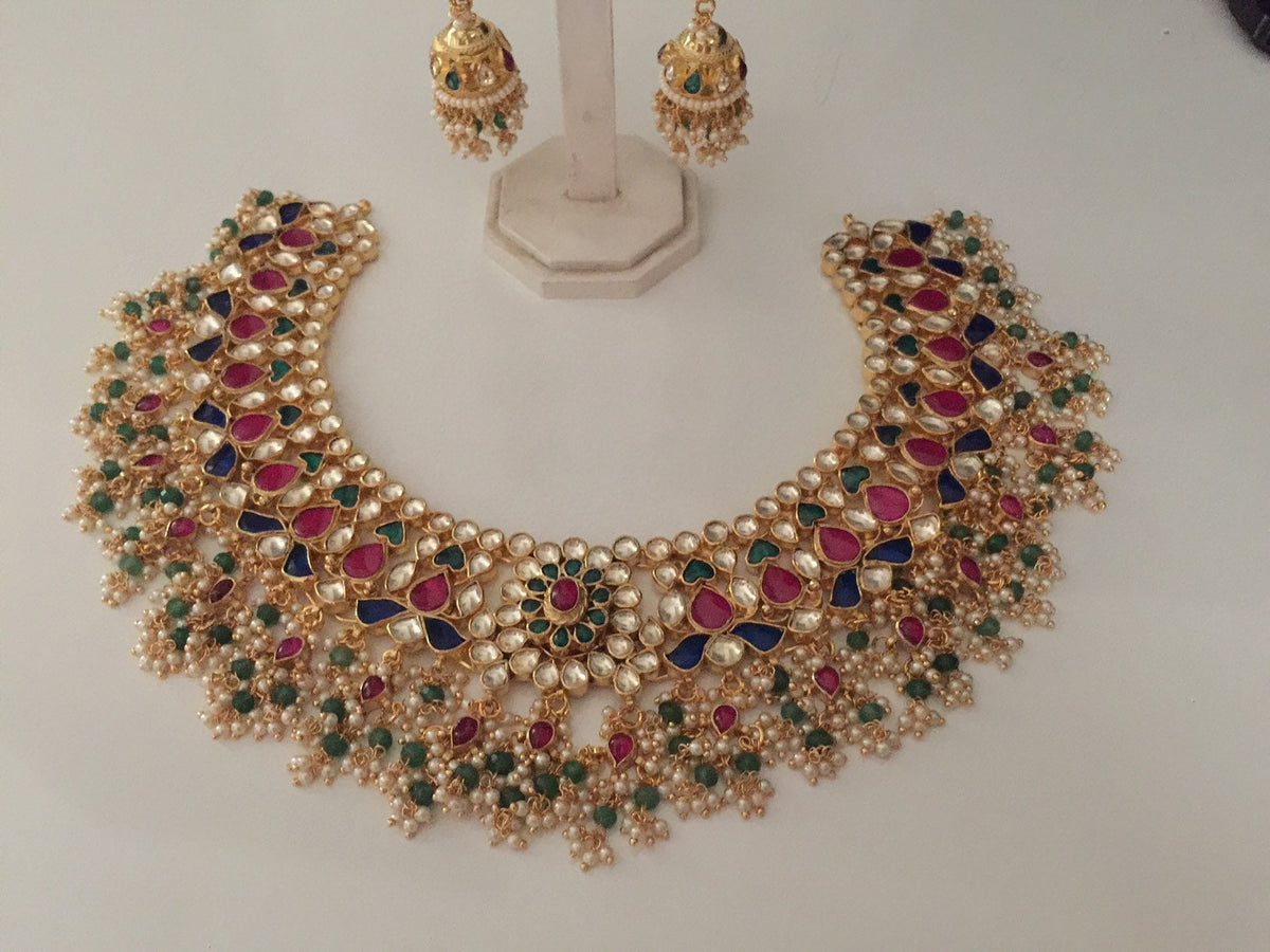 Multicolor Kundan Choker Necklace and Earrings, Gold Plated Statement Choker for Indian Brides
