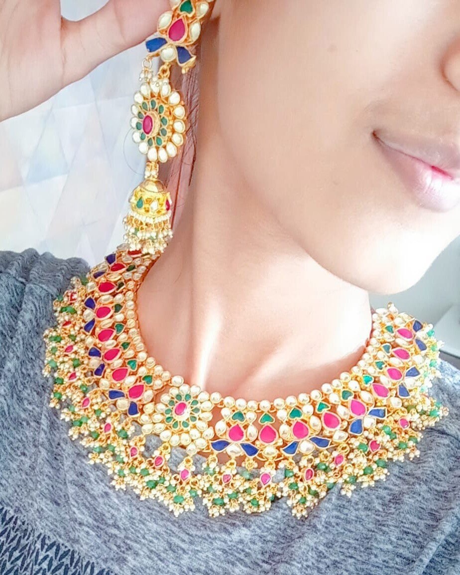 Multicolor Kundan Choker Necklace and Earrings, Gold Plated Statement Choker for Indian Brides