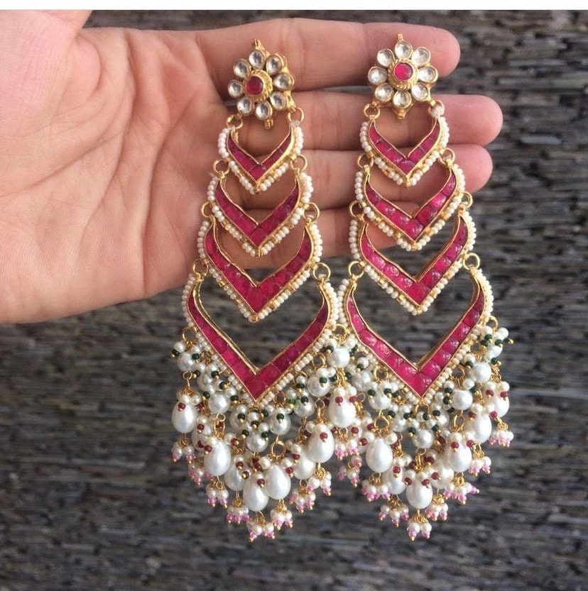 Kundan Earrings, Gold Plated Pink Gem,Chand bali, Indian Ethnic Kundan Jewelry