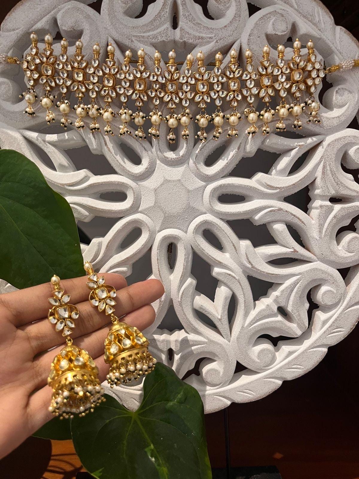 Handmade Kundan Choker Necklace, Jhumki Earrings, Indian Wedding Jewelry