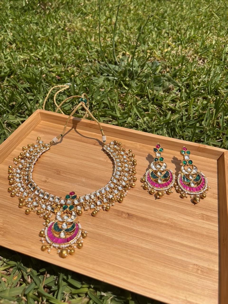 Handmade Kundan Bridal Jewelry Set, Gold Plated Wedding Necklace