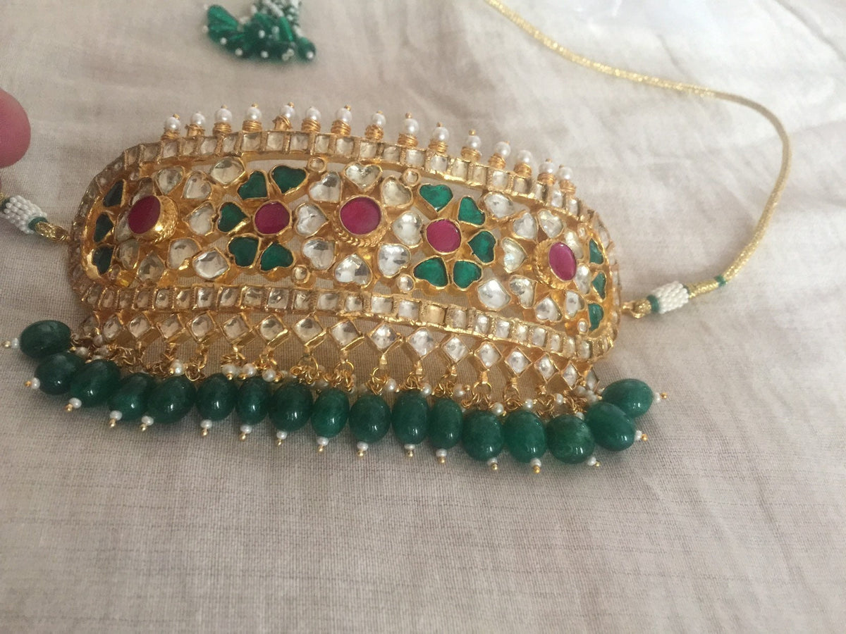 Indian Traditional Kundan Choker Set, 22K Gold Plated Indian Bridal Collar Necklace
