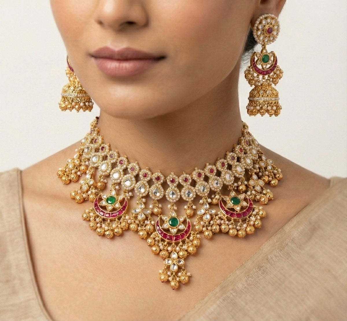 Kundan Choker Necklace Set | Indian Wedding Jewelry | Handmade Chandbali Earrings