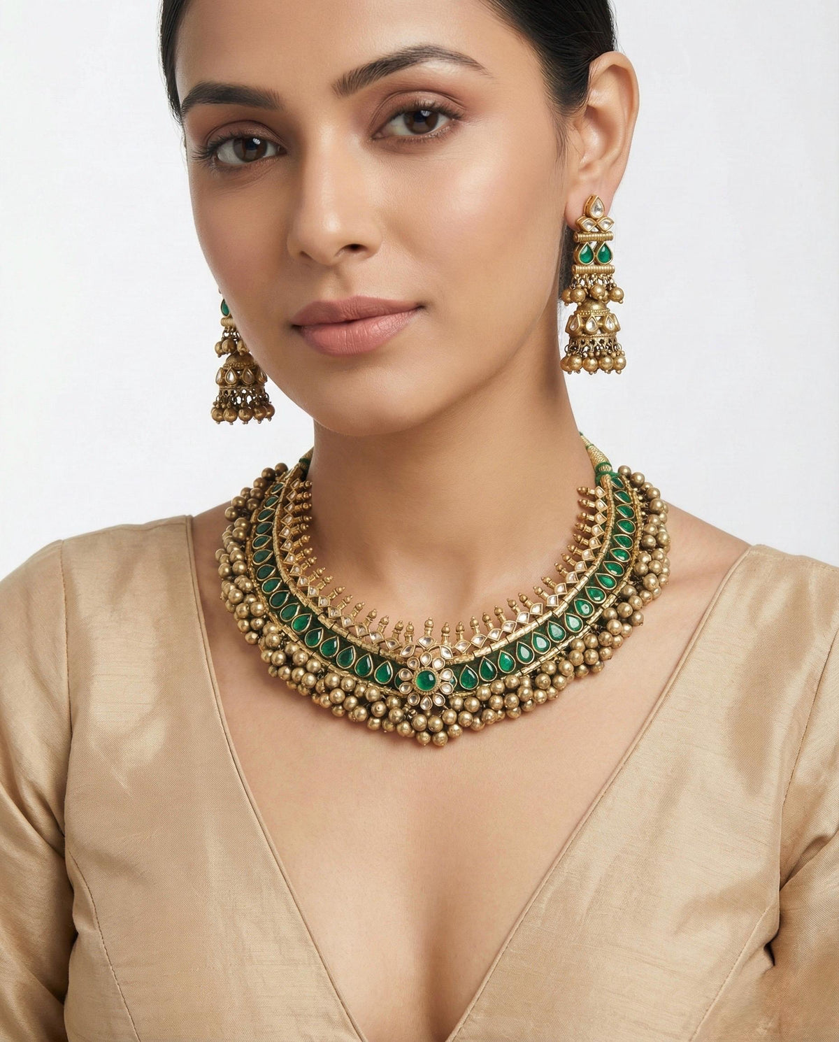 Kundan Choker Necklace Set, Traditional Green Tussi Style, Indian Ethnic Jewelry, Antique Gold Finish
