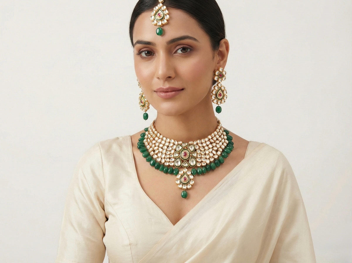 Kundan Choker Necklace Set | Green Beads, Rhodolite Stone, Indian Bridal Jewelry