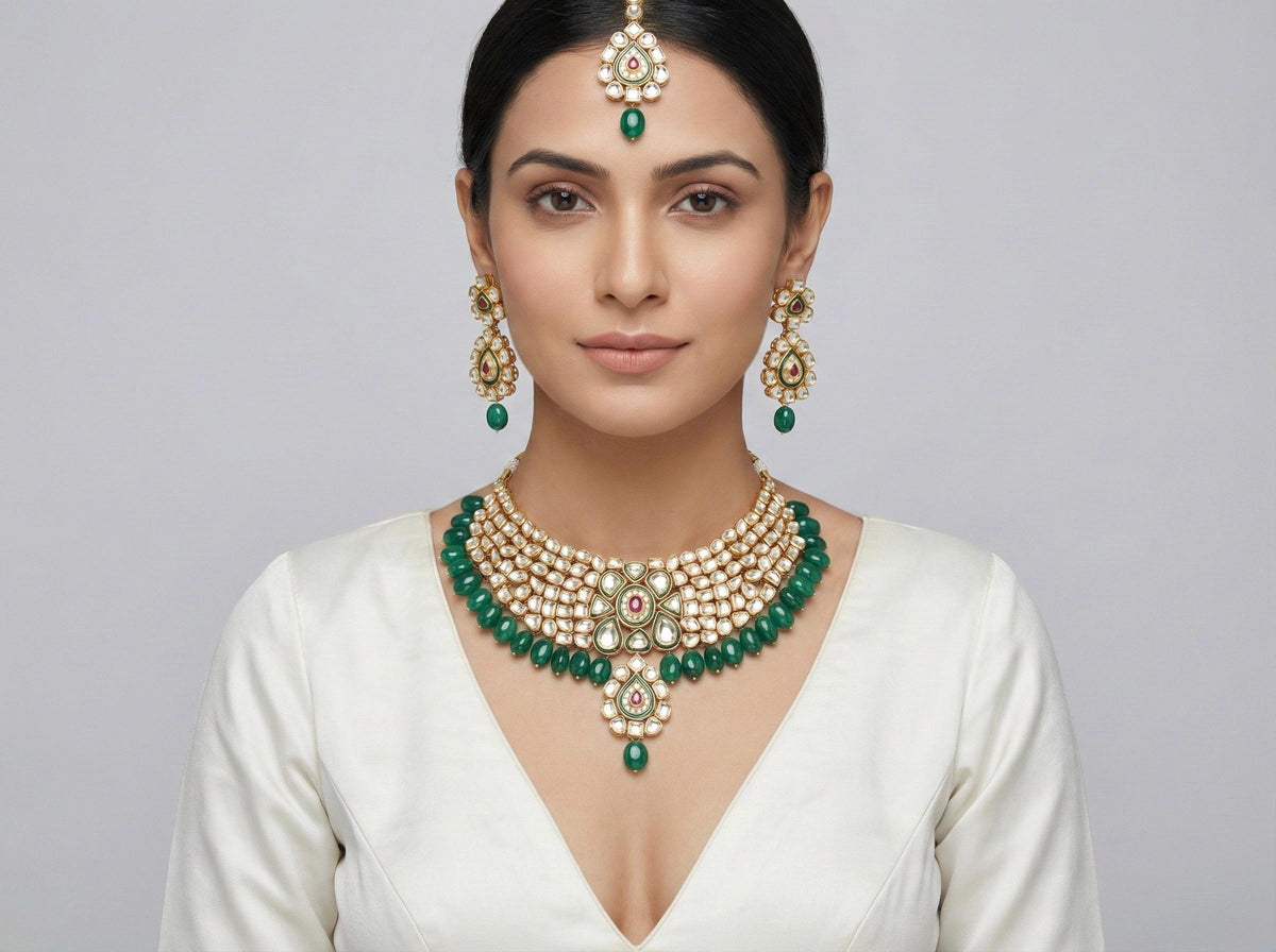 Kundan Choker Necklace Set | Green Beads, Rhodolite Stone, Indian Bridal Jewelry