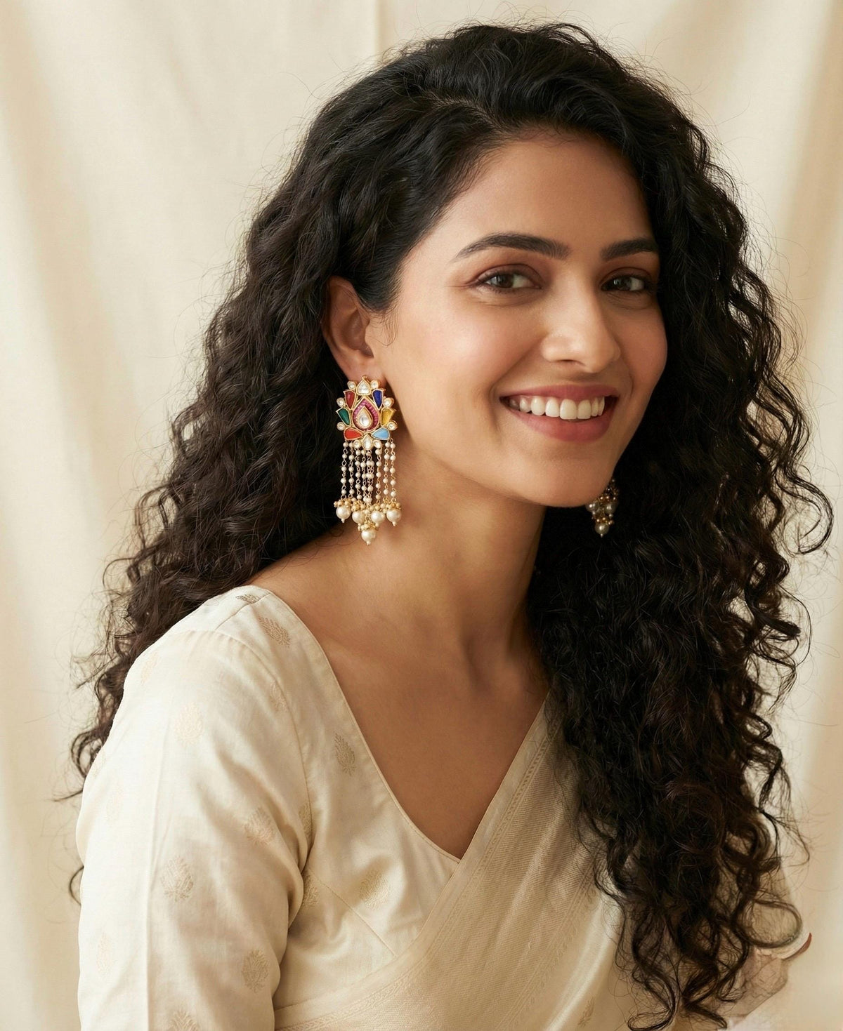Gold Plated Kundan Earrings | Navratna Pearl Drop Chand Bali | Indian Handmade Jewelry