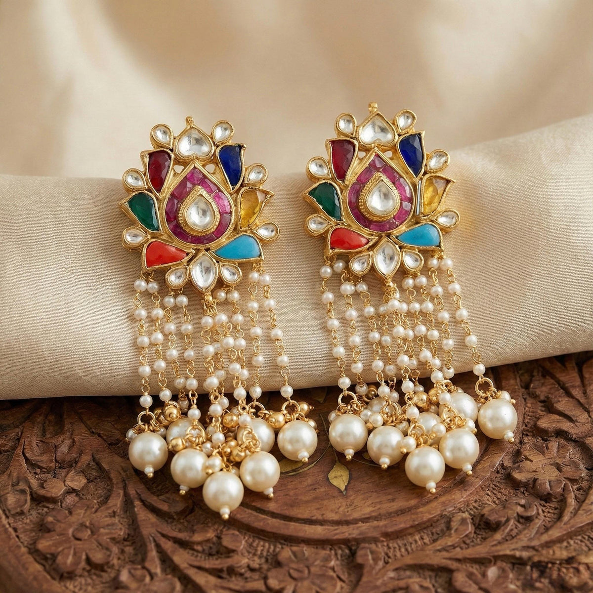 Gold Plated Kundan Earrings | Navratna Pearl Drop Chand Bali | Indian Handmade Jewelry