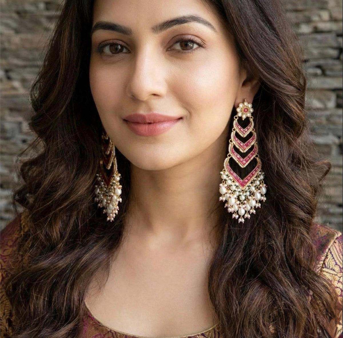 Kundan Earrings, Gold Plated Pink Gem,Chand bali, Indian Ethnic Kundan Jewelry