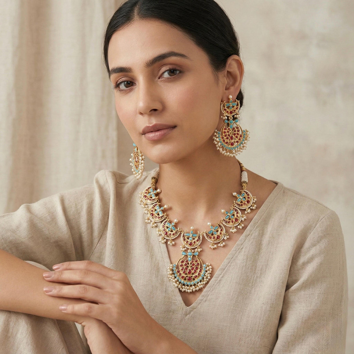 Kundan Jewelry Set | Indian Turquoise Necklace | Handmade Chandbali Earrings