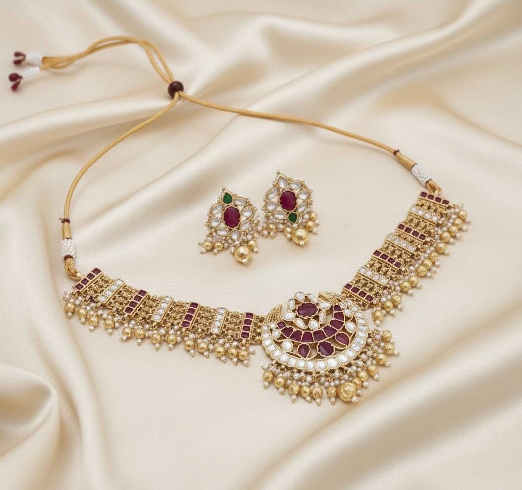 Kundan Bridal Jewelry, Gold Plated Choker Necklace with Earrings