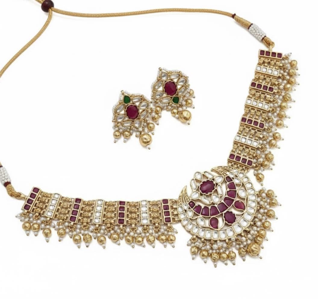Kundan Bridal Jewelry, Gold Plated Choker Necklace with Earrings