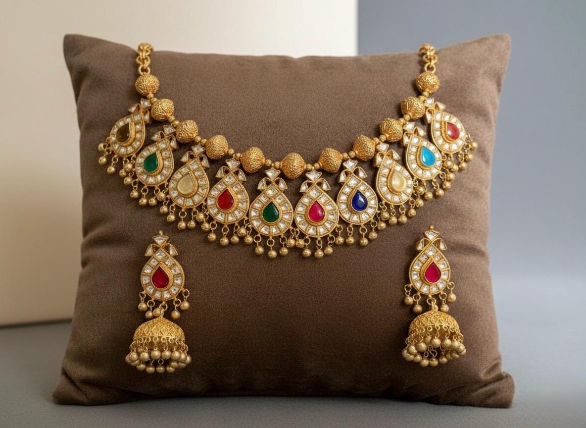Kundan Choker Necklace, South Indian Jewelry, Handmade Earrings with Jhumki