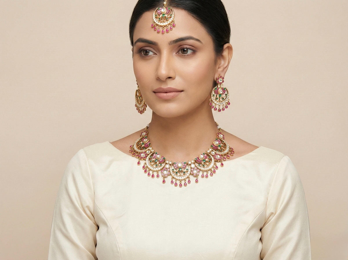Kundan Choker Necklace with Earring | Gold Plated Chandbali Earrings | South Indian Jewelry