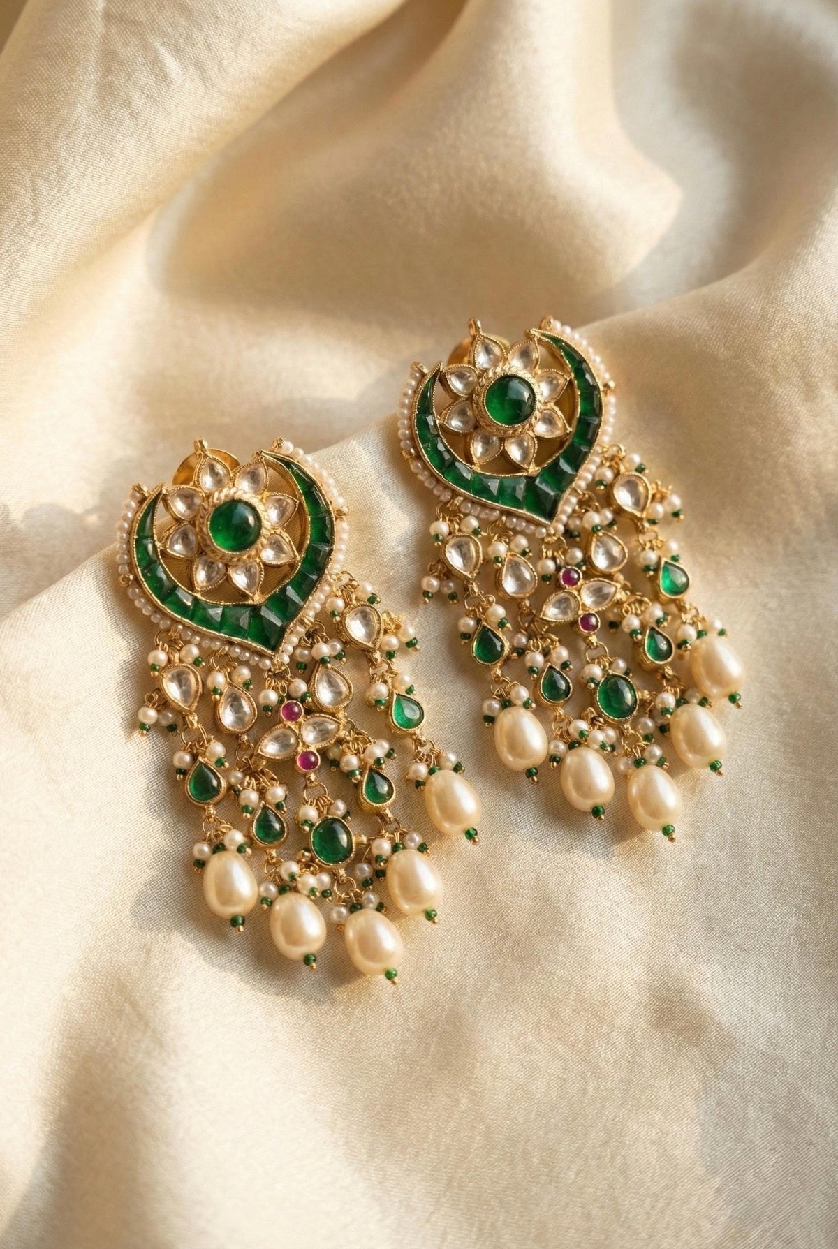 Handmade Green Kundan Chandbali Earrings, Gold Plated Indian Bridal Jewelry