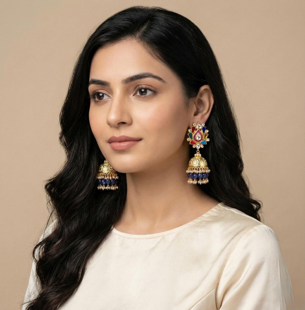 Kundan Earrings | Navratna, Antique Gold Finish Jumkhi | Multicoloured Kundan Jewelry
