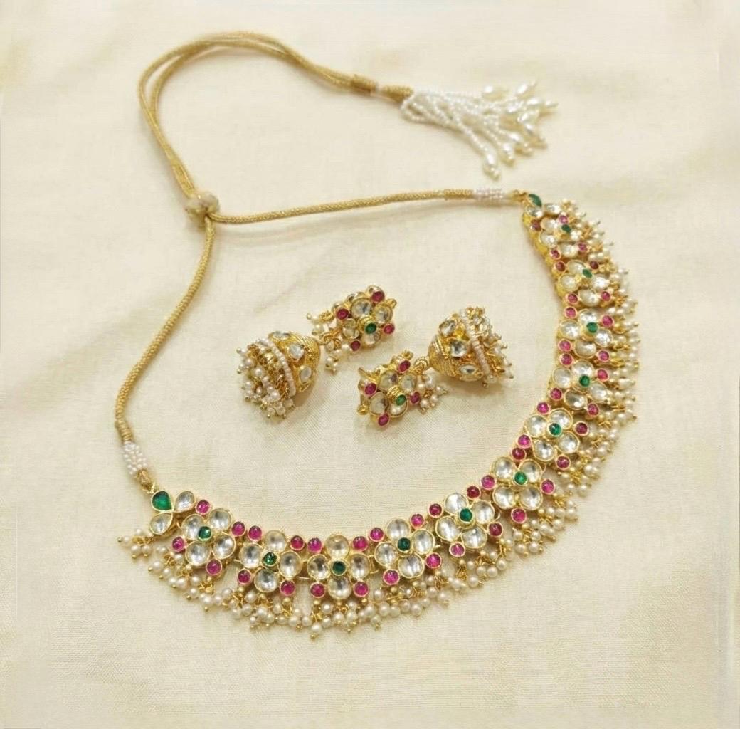 Handmade Kundan Choker Necklace with Earrings Set, Indian Bridal Jewelry