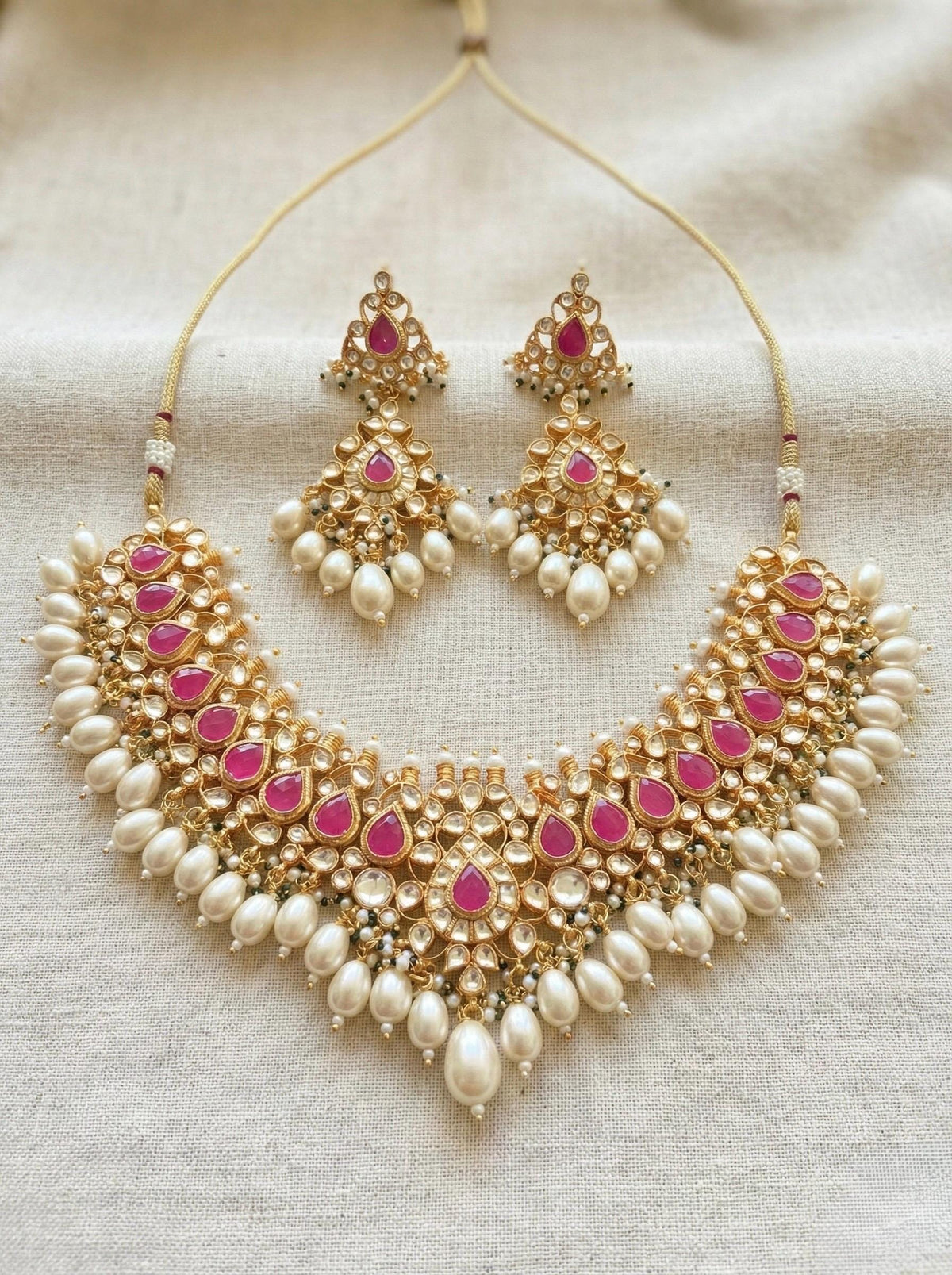 Handmade Kundan Choker Necklace Earrings Set, 22K Gold Plated Indian Bridal Jewelry