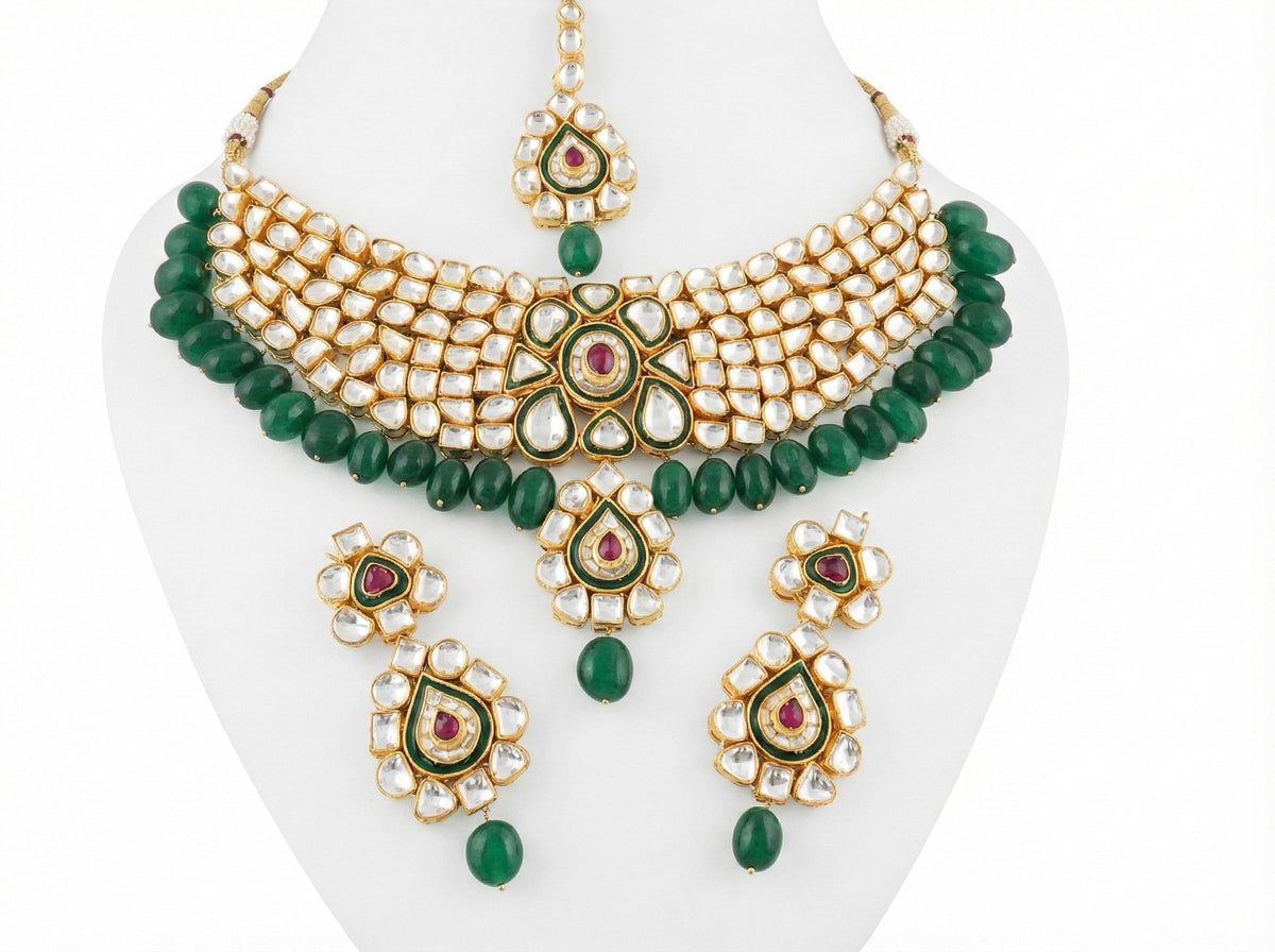 Kundan Choker Necklace Set | Green Beads, Rhodolite Stone, Indian Bridal Jewelry