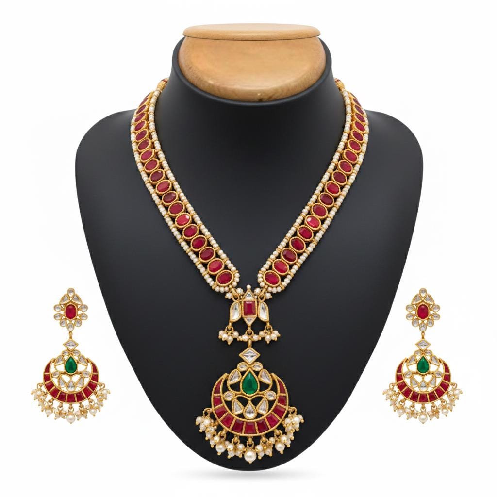 Kundan Bridal Jewelry Set, Gold Plated Necklace & Chandbali Earrings