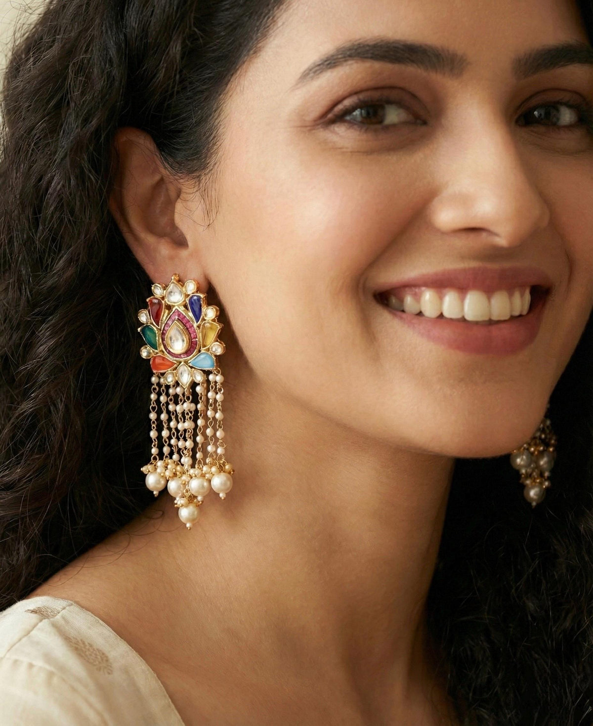 Gold Plated Kundan Earrings | Navratna Pearl Drop Chand Bali | Indian Handmade Jewelry
