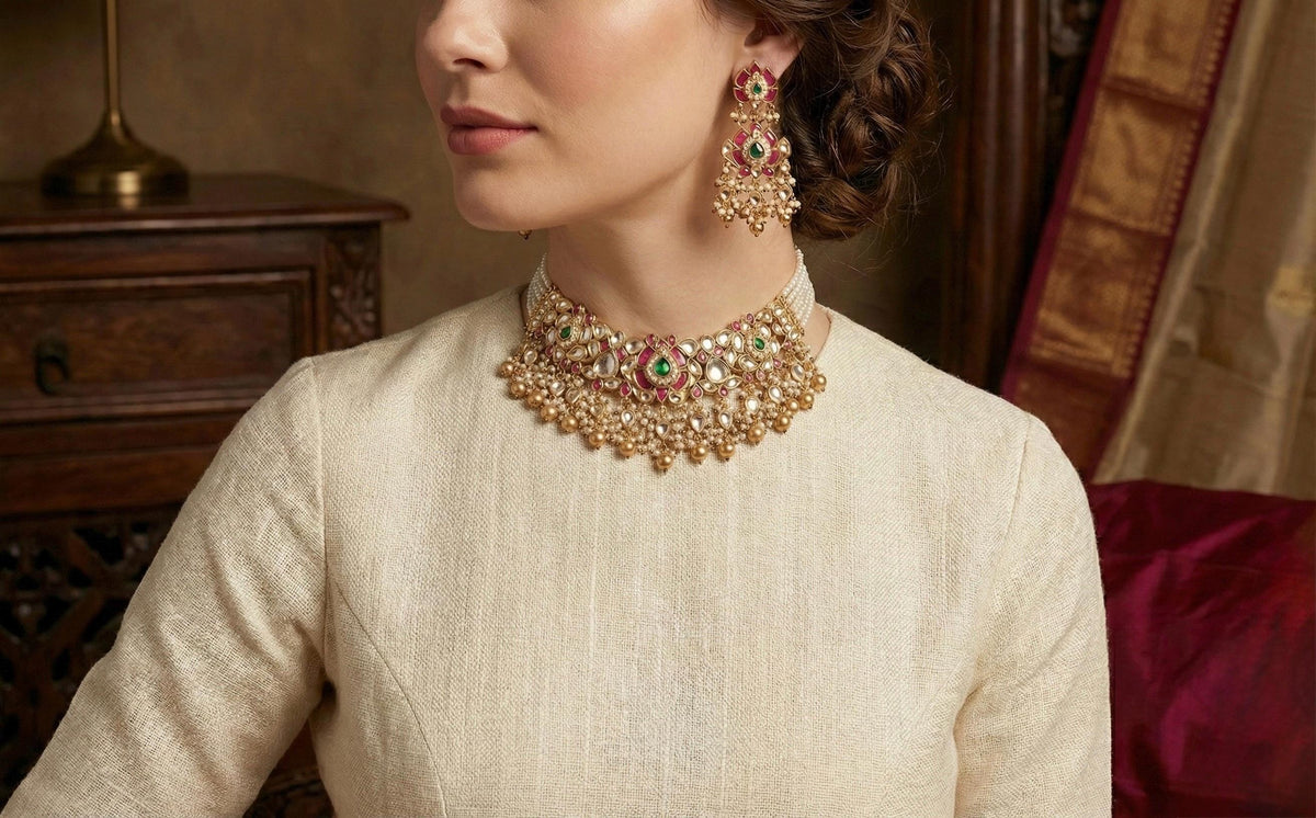 Kundan Choker Necklace Set, Gold Plated South Indian Jewelry