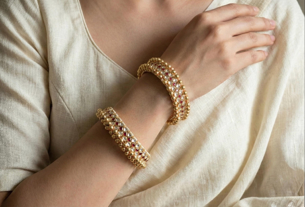 Kundan Bangles, Sabyasachi Inspired Bridal Bracelet, Pink & White Stone, 22k Gold Plated