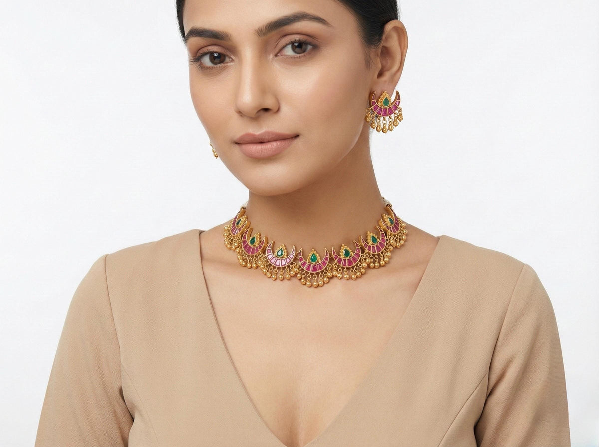 Handmade Kundan Choker, Gold Plated Bridal Jewelry, South Indian Wedding Necklace