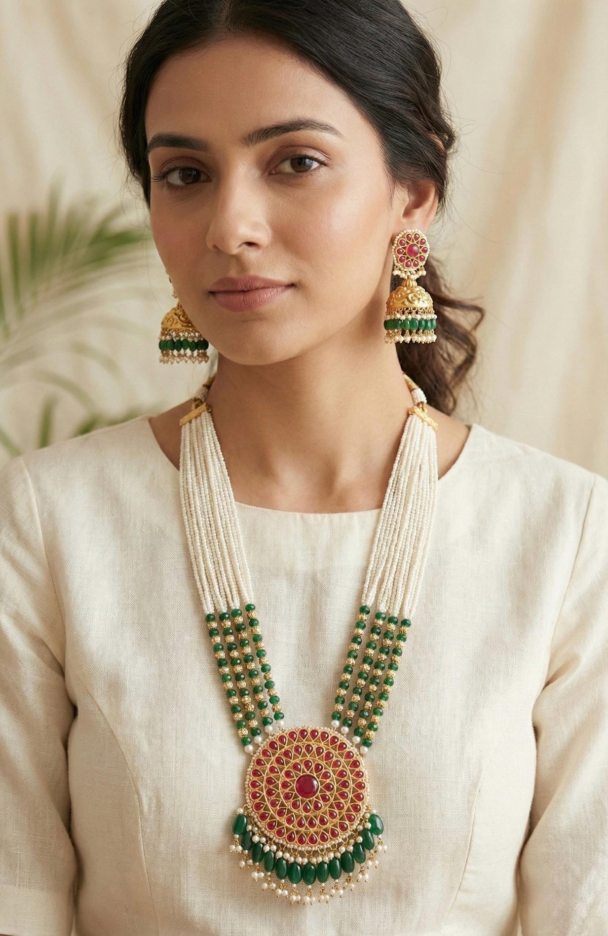Kundan Necklace & Jhumka Earrings Set, 22K Gold Plated, South Indian Jewelry