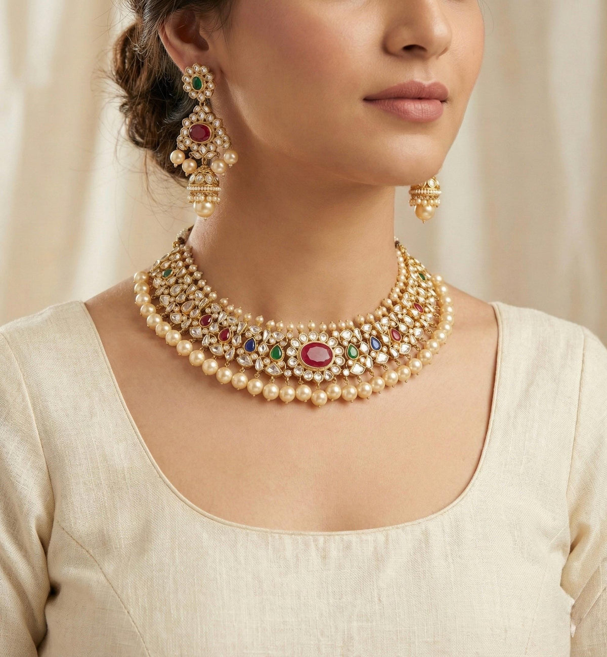 Handmade Kundan Choker Necklace, Indian Wedding Jewelry with Earrings , Gold Plated Bridal Set